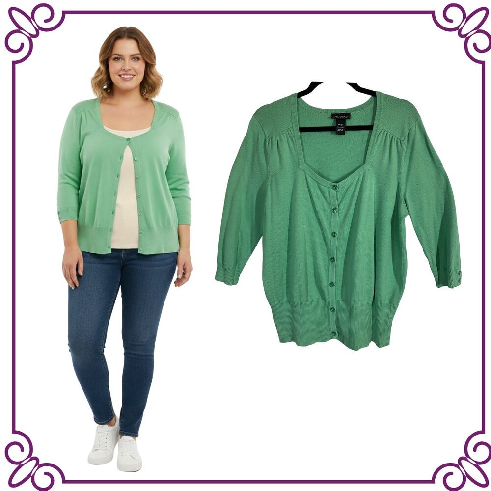 Lane Bryant Square Neck 3/4 Sleeve Cotton Green Cardigan Size 18/20